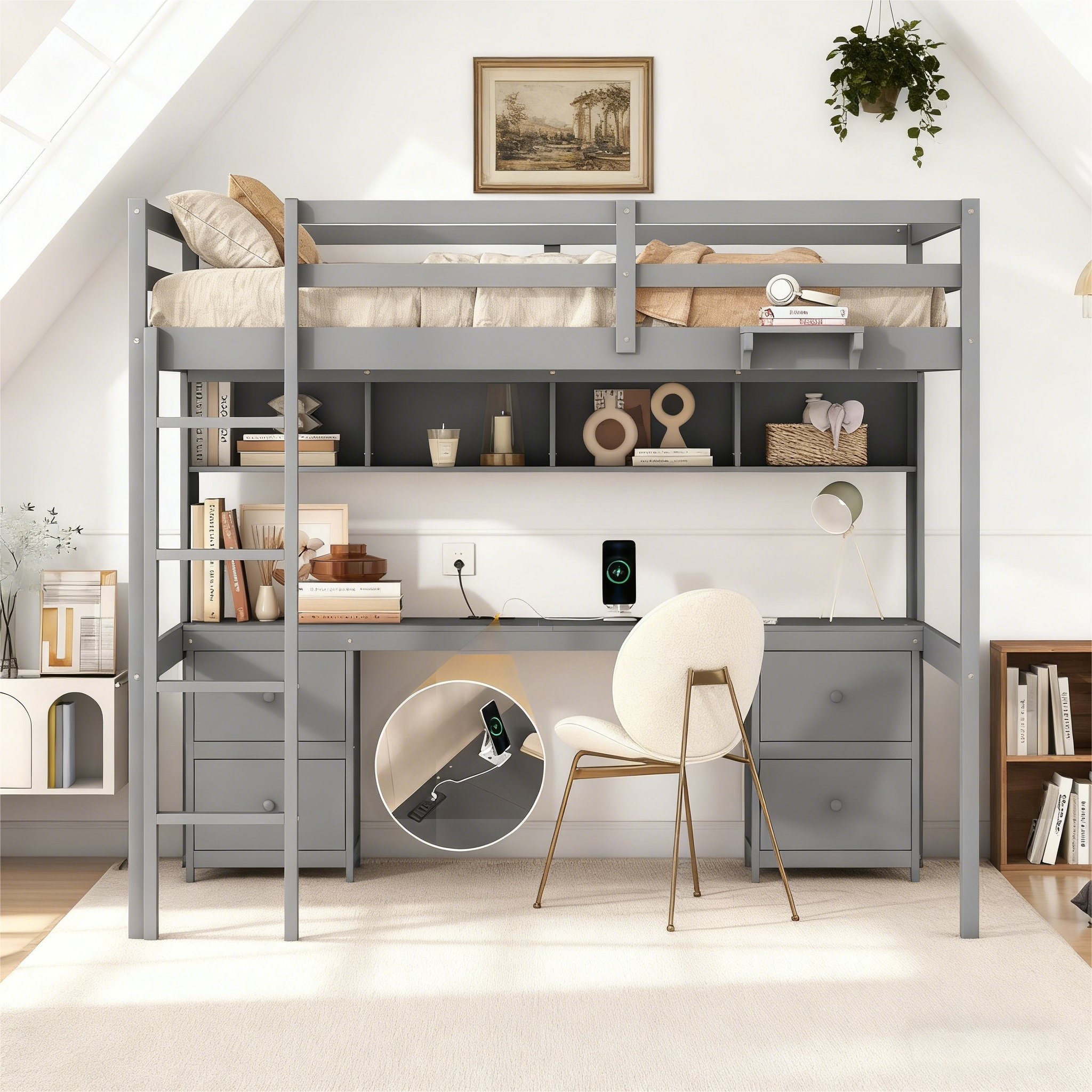 Latitude Run® Full Size Loft Bed with Built-In Desk, Charging Station